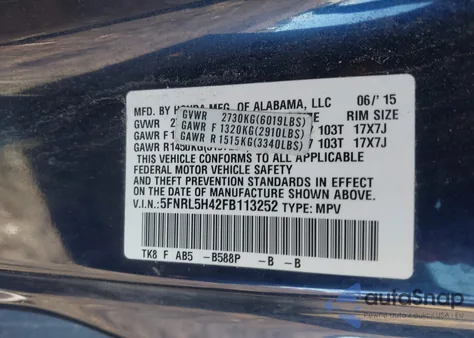 2015 Honda Odyssey Ex from USA, damaged, VIN 5FNRL5H42FB113252